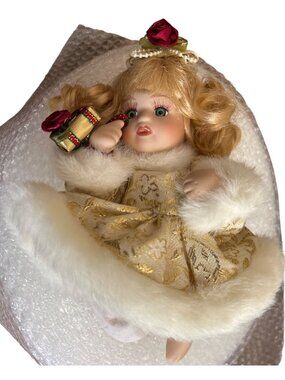 Vintage Porcelain Blonde Hair Doll In Gold Dress With Fur Trim & Rose Details